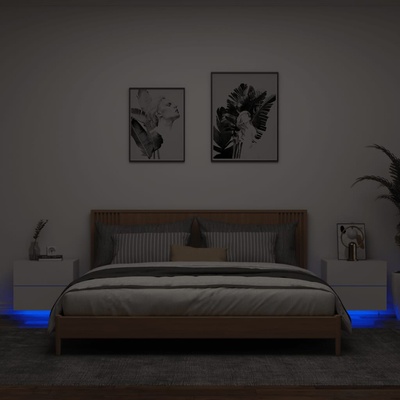 vidaXL Нощни шкафчета за стена с LED осветление, 2 бр, бели (836813)