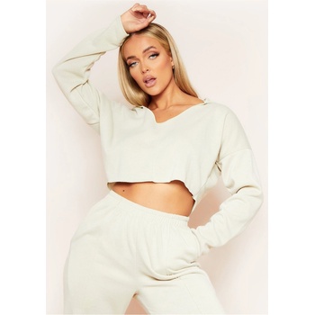Image 1 of Missy Empire Суичър Missy Empire V Neck Seam Detail Cropped Hoodie - Stone