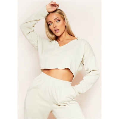 Missy Empire Суичър Missy Empire V Neck Seam Detail Cropped Hoodie - Stone
