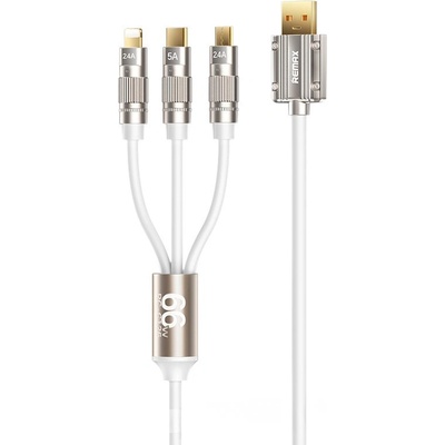 Remax 661568 multifunkční nabíjecí a datový 3v1 / Micro USB + Lightning + USB-C / 66W-6A 1,2m bílý