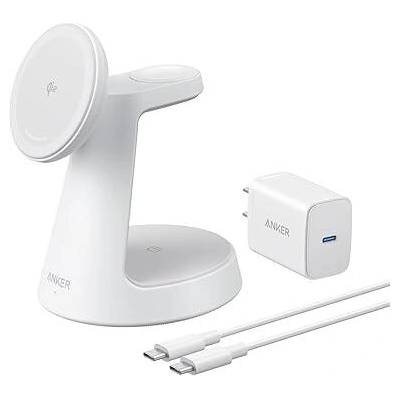 Anker MagGo MagSafe 3в1 безжично зарядно, Qi2, 15W, зарядно и кабел в комплекта, бял (B25M4G21)