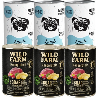 Pepe Monoprotein Lamb 3 x 400 g a Wild farm Monoprotein Wild Boar 3 x 400 g