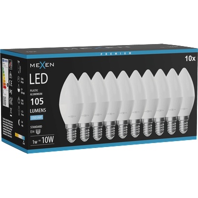 Mexen Nova 10x LED крушка E14, C37, 1W, Студена - 6500K, 105 lm - L102-E14-0165-01x10 (L102-E14-0165-01x10)
