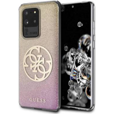 GUESS Glitter 4G Circle Logo Case - дизайнерски кейс с висока защита за Samsung Galaxy S20 Ultra (розов)