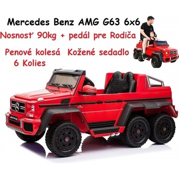 JOKO Elektrické autíčko Mercedes Benz AMG G63 6x6 nosnosť 110kg pedál pre rodiča MP4 farebný displej penové kolesá kožené sedadlo červené