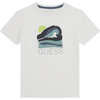 GUESS Тениска за момче в бял цвят с нарисувана морска вълна и надпис Guess