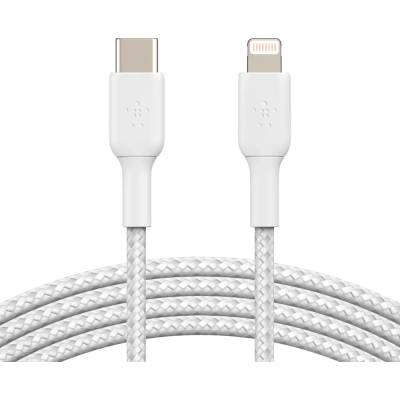 Кабел Belkin BOOST CHARGE Braided, USB-C to Lightning, Бял (CAA004bt1MWH)