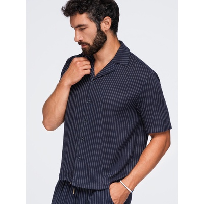 Ombre Clothing Мъжка райета риза regular кройка от вискоза и лен с кубински яка - тъмносин V2 OM-SHSS-0222 Ombre Clothing Ombre Clothing | Cherven | МЪЖЕ | M