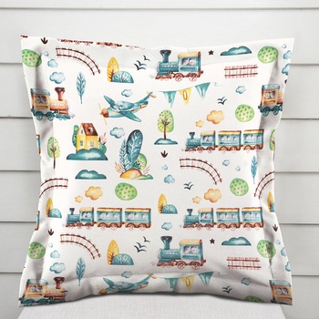 Biante Detská bavlna s lemom Sandra SA-659 Modrozelené vláčiky s lietadielkami na bielom 60 x 60 cm