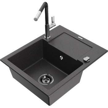 Mexen Enzo гранитна мивка с 1 камера с отцедник и кухненски смесител Flora, черна с пръски - 6506-76-670401-07-B (6506-76-670401-07-B)