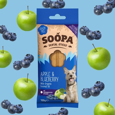 SOOPA Dentálne tyčinky s jablkom a čučoriedkami 100 g