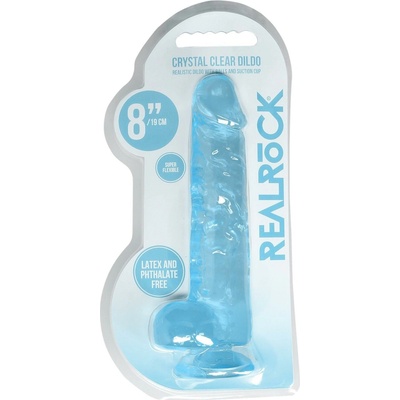 RealRock Crystal Clear 8″ modré dildo s prísavkou a semenníkmi 21 x 4 cm