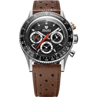 Nivada Grenchen Chronoking Meca Racing Black - Inter. Bezel - Brown Racing Strap
