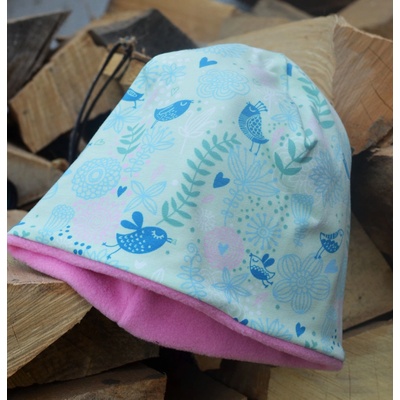 Elastická čepička zateplená Ptáčci na světlé