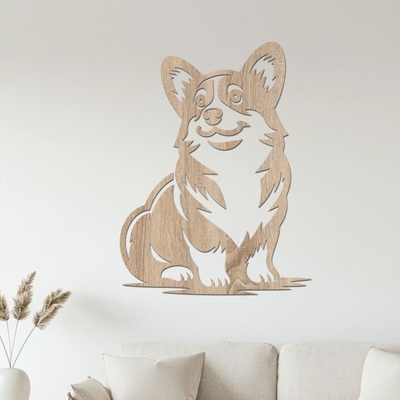 dřevo života Dřevěný obraz sedící Corgi Rozměry (cm): 45x60, Zvolte barvu dekoru: Dub Sonoma