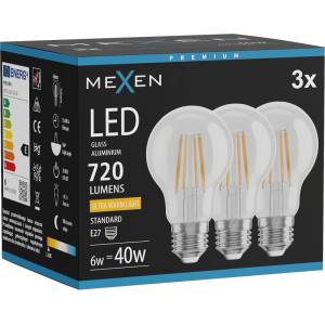 Mexen Vintis 3x LED нажежаема крушка E27, A60, 6W, Топла - 2200K, 720 lm, прозрачен (L150-E27-0622-00x03)