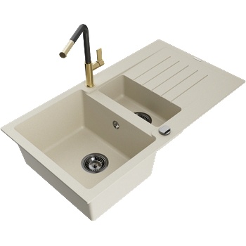 Mexen Matias гранитна мивка с 1, 5 камери с дренаж и кухненски смесител Flora, бежов - 6502-69-670401-57-B (6502-69-670401-57-B)