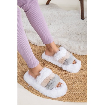 Moda Trend Дамски домашни чехли с пух - Бели #362357 (362357_Бяло)