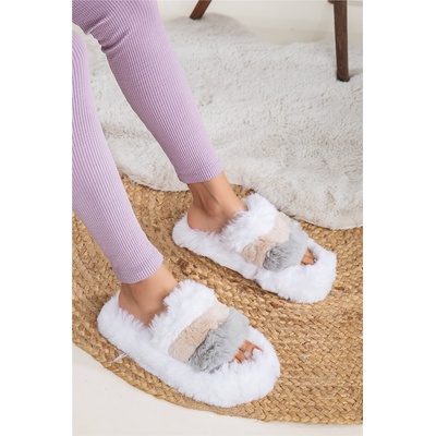 Moda Trend Дамски домашни чехли с пух - Бели #362357 (362357_Бяло)