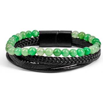 Image 1 of Base Мъжки комплект гривни от естествена кожа и мъниста - Черно-Зелен 20230901002 (404264_Светло зелено)