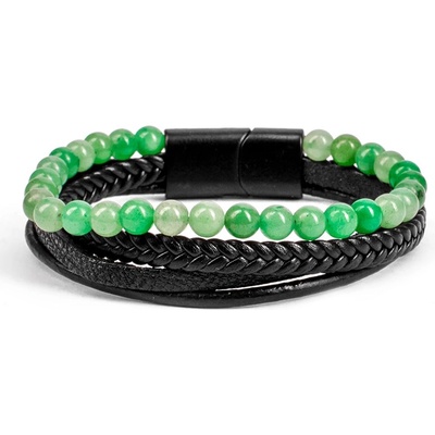 Base Мъжки комплект гривни от естествена кожа и мъниста - Черно-Зелен 20230901002 (404264_Светло зелено)