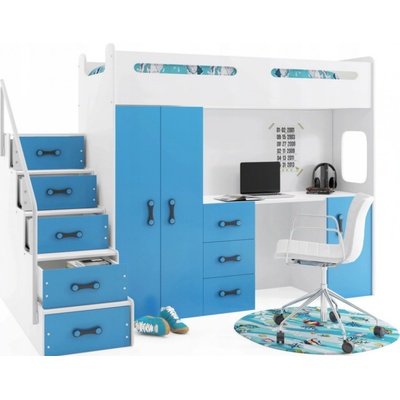 Interbeds MAX 4 poschodová komplet + matrac + písací stôl + šatník modro biela