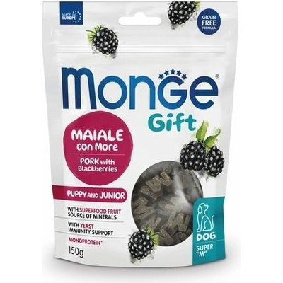 MONGE GIFT Super M Puppy and Junior pochúťky pre šteňatá s bravčovým mäsom a černicami 150 g