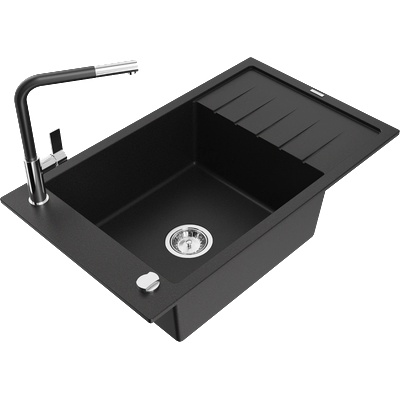 Mexen Elias еднокоморна гранитна мивка с капковник и кухненски смесител Flora, черен - 6511-77-670401-07 (6511-77-670401-07)