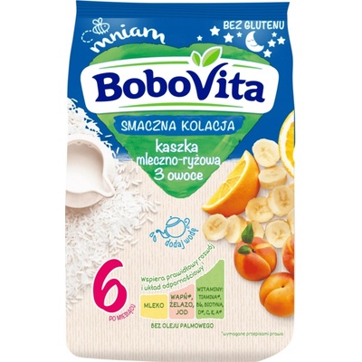 Bobovita Mliečno-ryžová kaša 3 plody pomaranč banán marhuľa 230 g