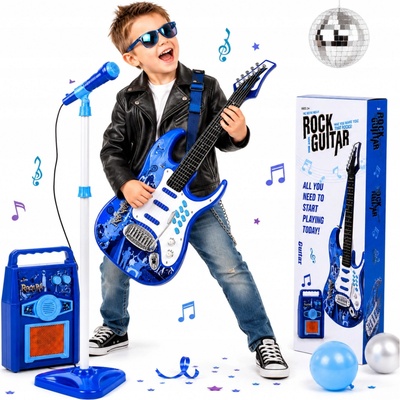 ISO rocková elektrická kytara + zesilovač a mikrofon modrá – Zboží Dáma
