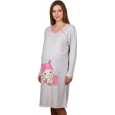 Сива нощница за кърмачки с дълъг ръкав и щампа бебе