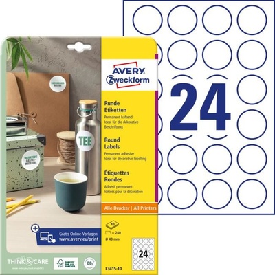 Avery-Zweckform L3415-10 Ø 40 mm papier biela 240 ks trvalé univerzálne etikety laser; L3415-10