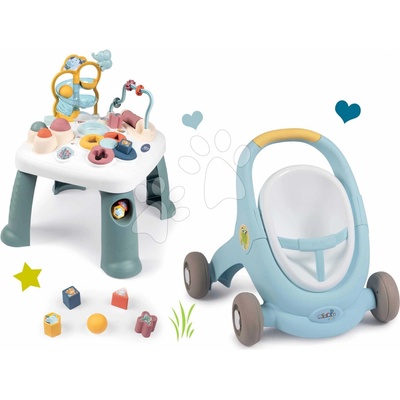 Set chodítko a kočárek s brzdou Croc Baby Walker Minikiss 3in1 Smoby a didaktický stolek s funkcemi pro vývoj jemné motoriky