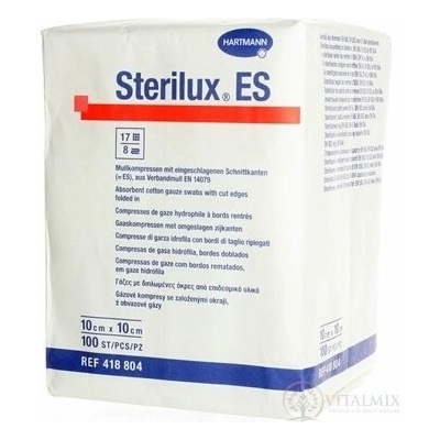 STERILUX ES kompres nesterilný so založenými okrajmi 17 vlákien 8 vrstiev 10 x 10 cm 100 ks