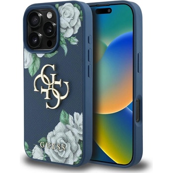 GUESS Калъф с лого Guess Grained Roses Big 4G за iPhone 16 Pro Max - син