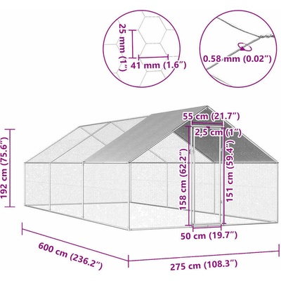 vidaXL klec 2,75 x 6 x 1,92 m pozinkovaná ocel