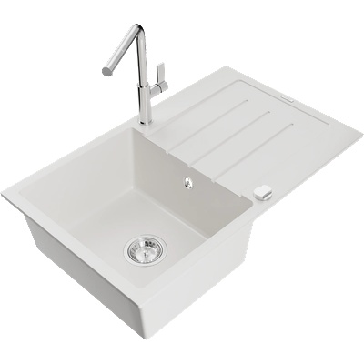 Mexen Bruno гранитна мивка с една камера с отцедник и кухненски смесител Flora, бял - 6513-20-670401-00 (6513-20-670401-00)