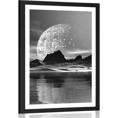 Plakát s paspartou futuristická krajina v černobílém provedení - 40x60 white