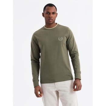 Ombre Clothing Мъжка памучна тениска с дълъг ръкав, U-образно райе деколте и бродерия Ombre Clothing Ombre Clothing | Zelen | МЪЖЕ | S