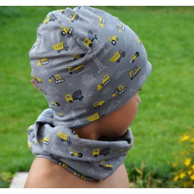 dětská čepice dvouvrstvá Stavební stroje /šedá