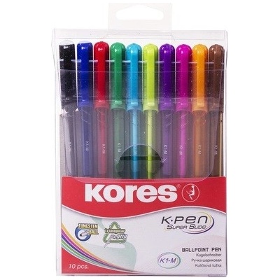 Kores Kuličkové pero K1 Pen Super Slide 1 mm - sada 10 barev(modrá, černá, červená, zelená, tyrkysová, světle zelená, fialová, růžová, oranžová, hnědá)