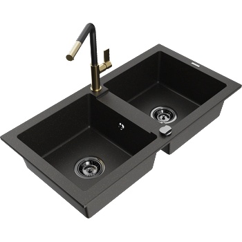Mexen Mario гранитна кухненска мивка с 2 корита и смесител Flora, черно/златен металик - 6504-75-670401-57-B (6504-75-670401-57-B)