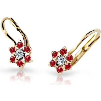 Danfil dětské náušnice kytičky C2152 ze žlutého zlata s kamínky Ruby Dark zapínání klapka