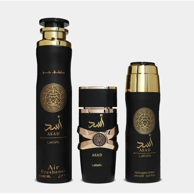 Lattafa Asad EDP pre mužov 100 ml + deospray 200 ml + bytová vôňa 300 ml darčeková sada