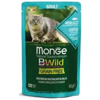 Monge BWILD Grain Free Adult с риба треска, скариди и зеленчуци - пауч с хапки в сос, без зърнени храни - за котки в зряла възраст 85 гр