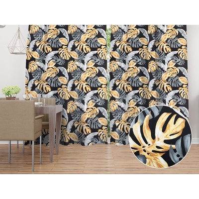 Biante Bavlnený záves Sandra SA-228 Sivé a zlaté tropické listy na čiernom 150x140 cm