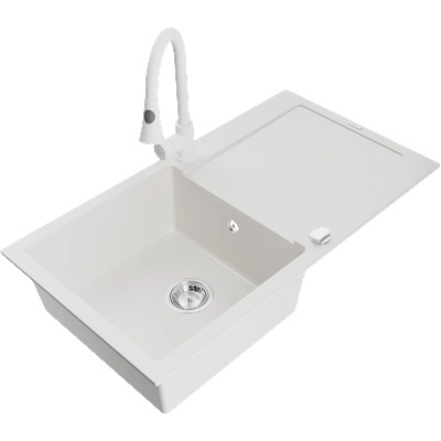 Mexen Leo гранитна мивка с 1 отделение с отцедник и кухненски смесител Elia, бял - 6501-20-670101-20 (6501-20-670101-20)