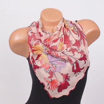 Image 1 of Копринено фишу в цвят светла праскова с цветя