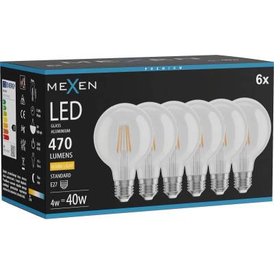 Mexen Vintis 6x LED филаментна крушка E27, G80, 4W, Топла - 2700K, 470 lm, прозрачна (L155-E27-0427-00x06)