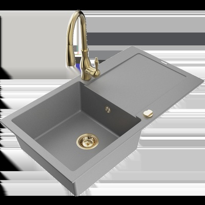 Leo гранитна кухненска мивка 1-коморна с отцедник и кухненски смесител Savita, сива - 6501-71-672601-50 (6501-71-672601-50)
